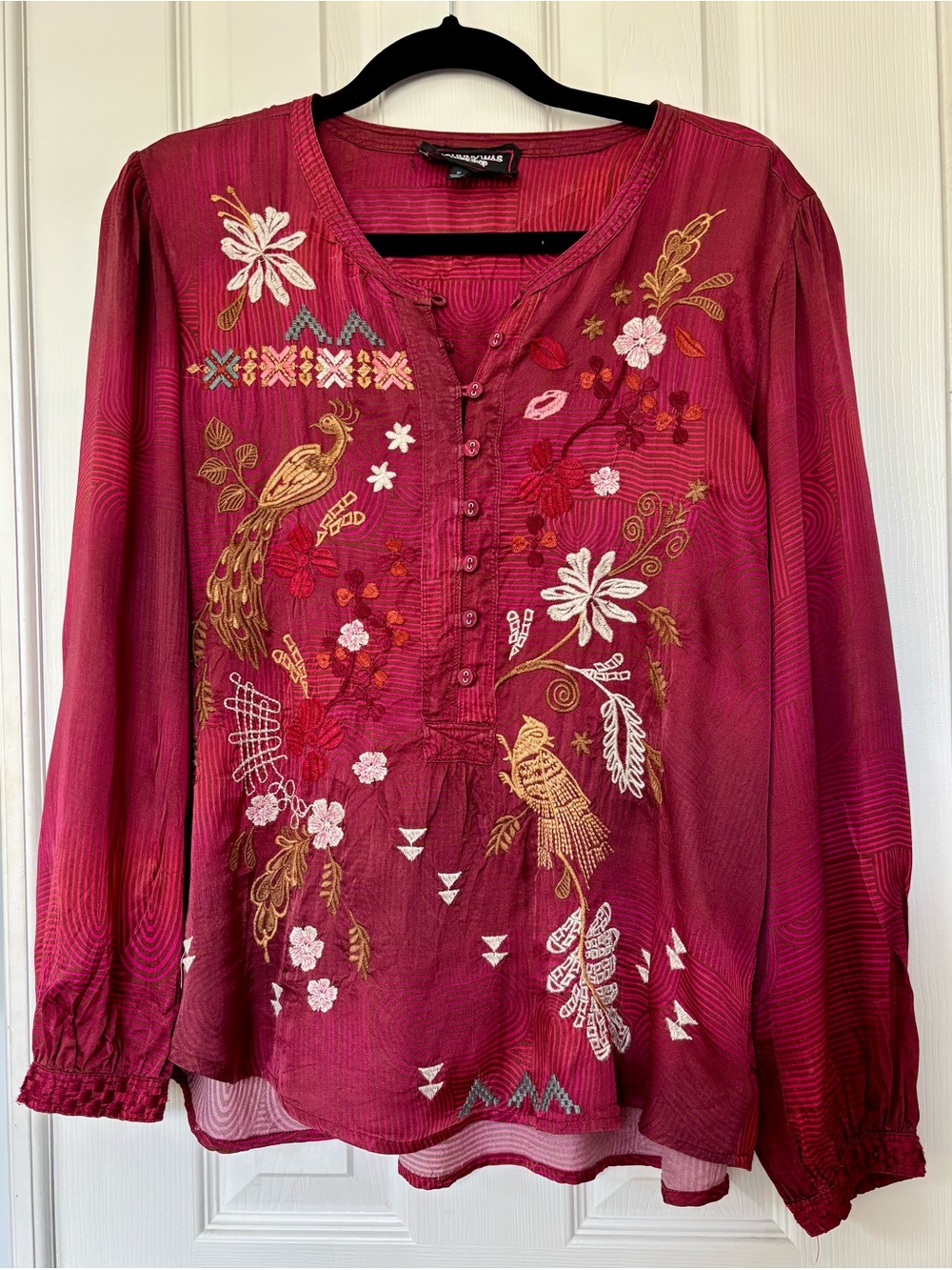 Johnny Was Embroidered Peasant Blouse - Raspberry Pink